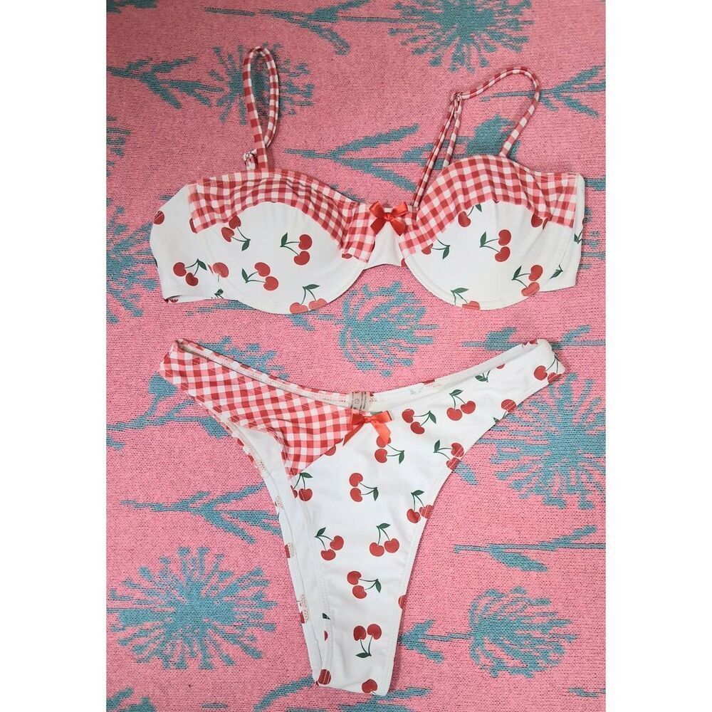 Womens large red white plaid swimsuit cherry novelty print bikini two piece